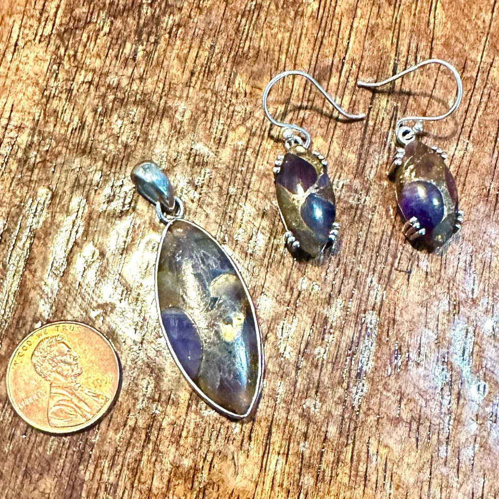 Amethyst Composite, Solid Sterling Pendant & Earr… - image 2